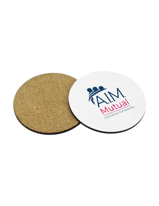 Gloss White Hardboard Round Coaster w/Cork Back, 3.75 w/A.I.M. Mutual Logo