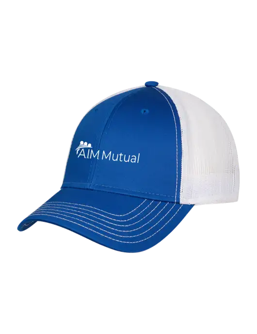 Royal & White Mesh Trucker Cap Snap Back w/A.I.M. Mutual Logo