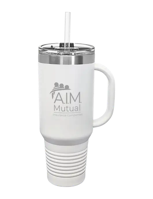 Polar Camel 40 oz. Powder Coated Vacuum Insulated White Travel Mug with Straw w/A.I.M. Mutual Logo