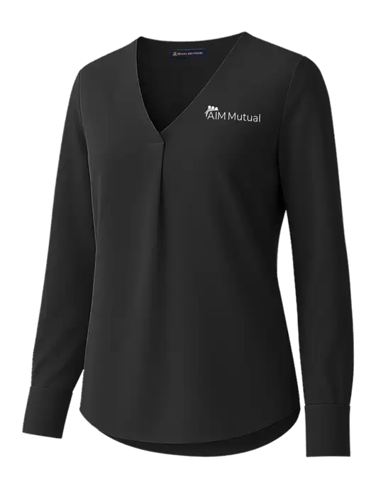 Brooks Brothers Womens Black Open-Neck Satin Blouse  w/A.I.M. Mutual Logo