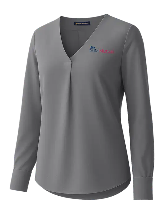 Brooks Brothers Womens Medium Grey Open-Neck Satin Blouse  w/A.I.M. Mutual Logo