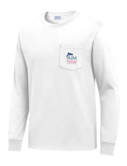 White Long Sleeve Heavyweight 6.1 oz Pocket T-Shirt w/A.I.M. Mutual Logo