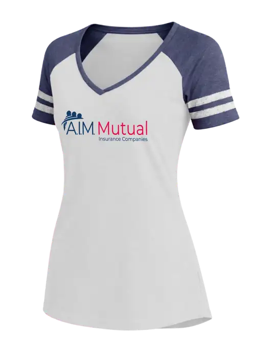 Womens White/Navy Heather V-Neck Game Tee w/A.I.M. Mutual Logo