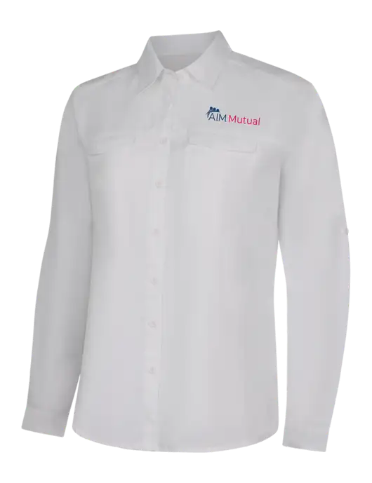 Womens White Long Sleeve UV Daybreak Shirt w/A.I.M. Mutual Logo