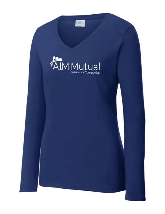 Womens  V-Neck Ring Spun Navy 4.5 oz Long Sleeve T-Shirt w/A.I.M. Mutual Logo