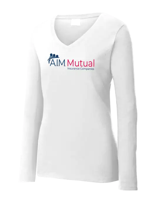 Womens  V-Neck Ring Spun White 4.5 oz Long Sleeve T-Shirt w/A.I.M. Mutual Logo