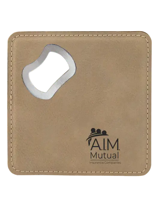 Tan Leatherette Bottle Opener Coaster w/A.I.M. Mutual Logo
