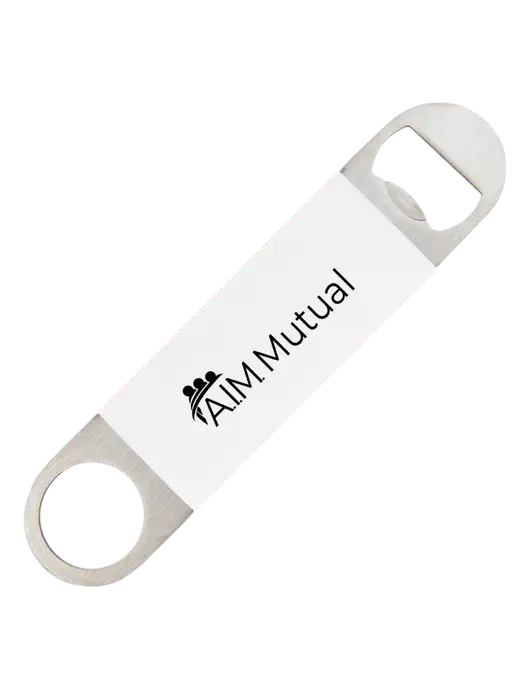 White Bottle Opener with Silicone Grip w/A.I.M. Mutual Insurance Logo