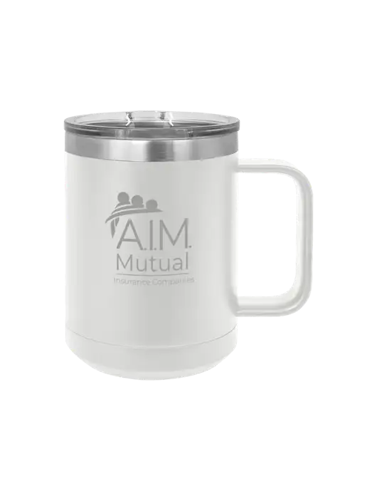 Polar Camel 15 oz Powder Coated White Vacuum Insulated Mug with Slider Lid w/A.I.M. Mutual Logo