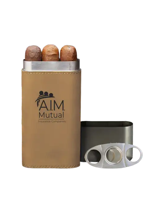 Tan Leatherette Cigar Case with Cutter w/A.I.M. Mutual Logo